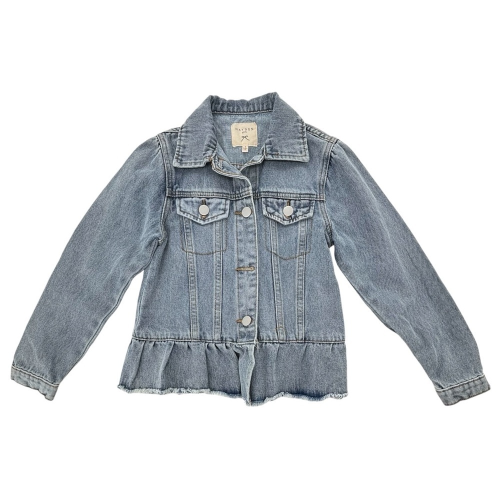 Hayden Girls Acid Wash Denim Jacket Raw Hem Ruffled Size Small 100% Cotton NWOT